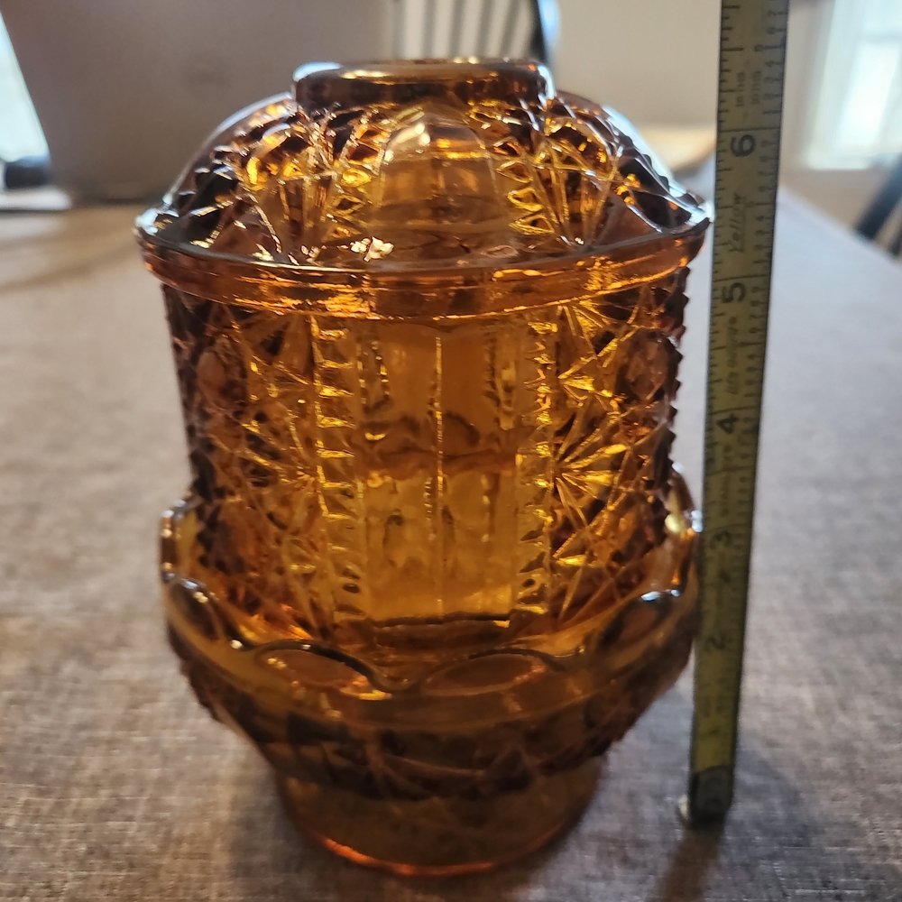 Vintage Indiana Glass Amber Stars And Bars Two Piece Fairy Lamp - Picture 5 of 8